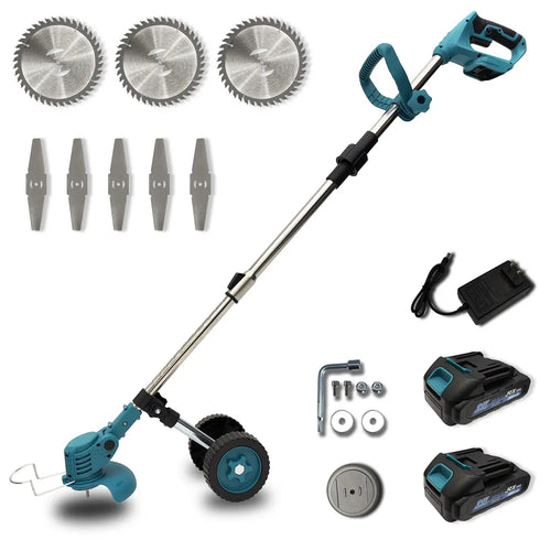 21V Cordless Weed Wacker with 2 Batteries & Wheels, 3-in-1 Electric Grass Trimmer & Brush Cutter, Adjustable Pole Weed Eater with Multi-Blades for Lawn Care fathersdaygift,Women-friendly - Color: blue